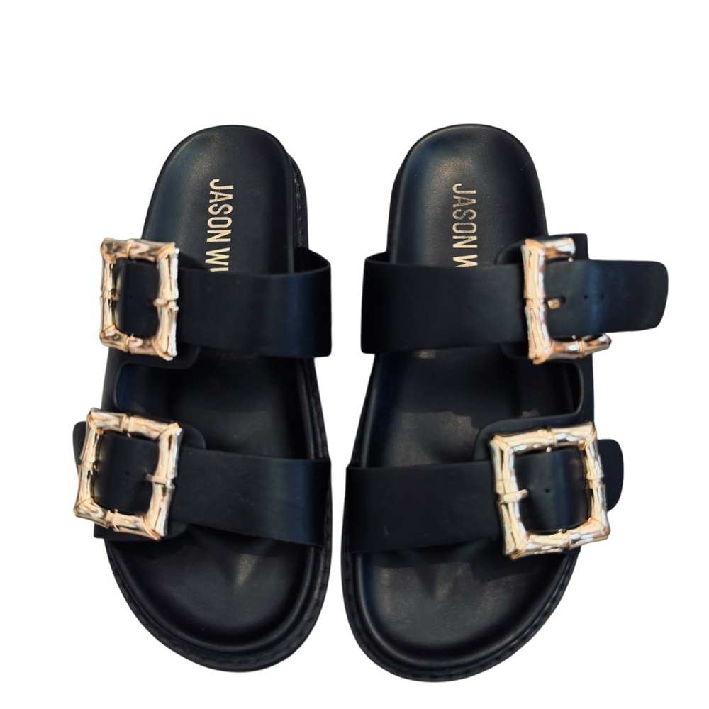 Jason Wu Black & Gold Marzan Slide Sandals with Gold Buckles - Picture 14 of 15